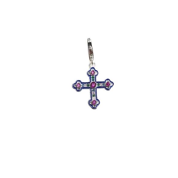 925 Sterling Silver Edwardian Multi-Color Round Crystal Cross Charm - Picture 3 of 4